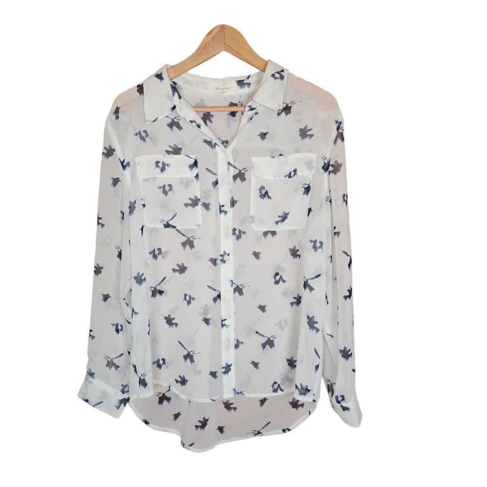 Vince Camuto Sheer white & Blue Bird Pattern Long sleeve women's shirt Medium
